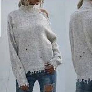 Cream Distressed Sweater with Cut out Shoulder